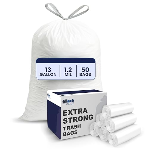 Plasticplace 13 Gallon Trash Bags │ 1.2 Mil │ White Extra-Large Drawstring Garbage Can Liners │ 24" x 31" (50 Case) - color: White, size: 50 Count (Pack of 1)