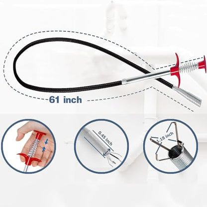 (61 inch) Drain Clog Remover - Gutter Cleaning Drain Snake Tools Cleaner for Toilet Sewer Shower Kitchen Bathroom Tub Tool, Flexible Grabber Claw Pick Up Reacher - style: 61 IN