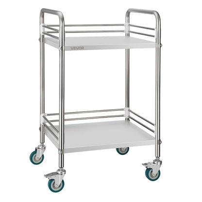 VEVOR Stainless Steel Rolling Cart, 2-Tier Metal Utility Cart with Lockable Wheels, Medical Serving Trolley Clinic Tray, Mobile Service Cart for Hospital, Lab, Restaurant, Kitchen, Salon - size: 2-Layer Shelf