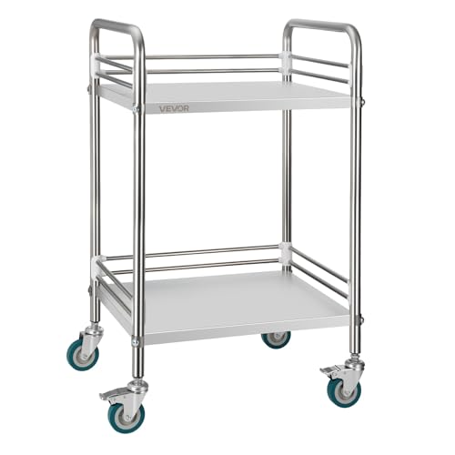 VEVOR Stainless Steel Rolling Cart, 2-Tier Metal Utility Cart with Lockable Wheels, Medical Serving Trolley Clinic Tray, Mobile Service Cart for Hospital, Lab, Restaurant, Kitchen, Salon - size: 2-Layer Shelf