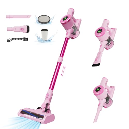 BUTY BULU Cordless Stick Vacuum Cleaner, 30KPa Handheld Rechargeable Battery Lightweight Small Pink Vac Electirc Broom, 40Mins Runtime for Home Hard Floor Carpet Pet Hair Cleaning, LED Screen - color: Pink-w15
