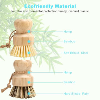 Aisuly Bamboo Dish Brush Set, 2 Pcs Palm Wooden Dish Scrubber Brush, Dish Brushes, Durable Wood Dishes Scrub Brush, Natural Round Vegetable Cleaning Pots Pans Sink Washing Kitchen Brush - size: 1p Palm+1p Sisal