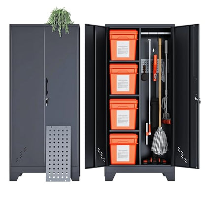 Storage Cabinet 61" H, Metal Outdoor Sheds with Shelves for Tools Storage, Cleaning Supplies Closet with Removable Pegboard for Outdoor, Garage, Utility Room