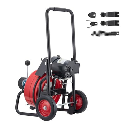VEVOR Drain Cleaner Machine 50 FT x 3/8 Inch, Auto Feed Sewer Snake Auger on Wheels, Portable Drain Cleaning Machine with 4 Cutters & Air-activated Foot Switch for 2" to 4" Pipes - style: 50 FT x 3/8''