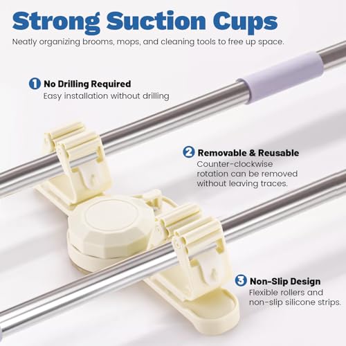 2 Pack Broom Holder Mop Hanger Wall Mount - Strong Suction Cup Mop and Broom Organizer with Hooks, Space Saving Removable Rack for Laundry Room Garden Garage (Beige) - color: Beige
