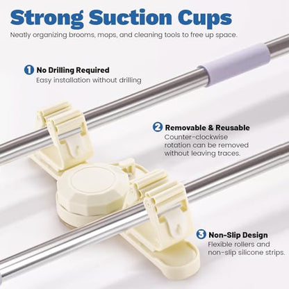 2 Pack Broom Holder Mop Hanger Wall Mount - Strong Suction Cup Mop and Broom Organizer with Hooks, Space Saving Removable Rack for Laundry Room Garden Garage (Beige) - color: Beige