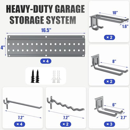 Garage Tool Organizer Wall Mount 66 inches with 13 Adjustable Heavy-Duty Hooks, Garage Organization, Garden Tool Storage Rack, Yard, and Shed, Holds Up to 520 lbs (Grey) - size: 66" | 4 Panels + 13 Hooks