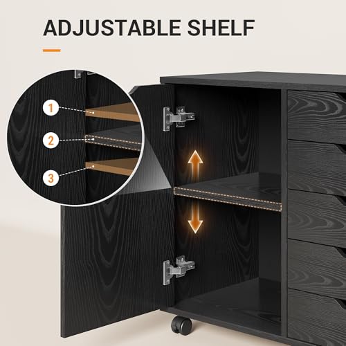 DEVAISE Mobile File Cabinet, 5-Drawer Wood Storage Chest with Door, Printer Stand for Home Office, Black - color: Ebony