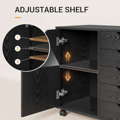 DEVAISE Mobile File Cabinet, 5-Drawer Wood Storage Chest with Door, Printer Stand for Home Office, Black - color: Ebony