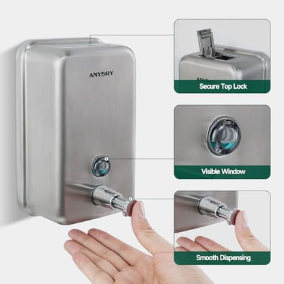 anydry Commercial-Grade Manual Soap Dispenser, Durable Brushed Stainless Steel Finish, 37oz (1100ml) Liquid, Wall-Mounted for Bathroom & Kitchen - color: Brushed