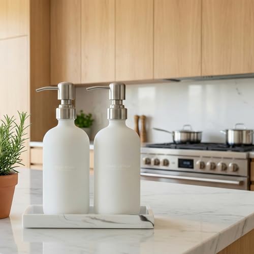 White Glass Dish Soap Dispenser Set for Kitchen, Hand and Dish Soap Dispenser with Stainless Steel Pump & Resin Tray, Perfect for Kitchen,Hotel Rental-Modern Soap Dispenser for Bathroom - color: Matte White