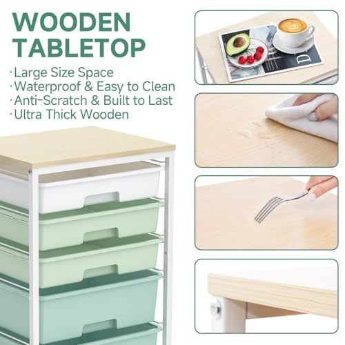 SYKIARIOL Utility Cart with 5 Drawers,Storage Cart with Wooden Tabletop and Lockable Wheels,Craft Storage Trolley Organizer,5-Tier Rolling Utility on Wheels,Light Green - color: Green