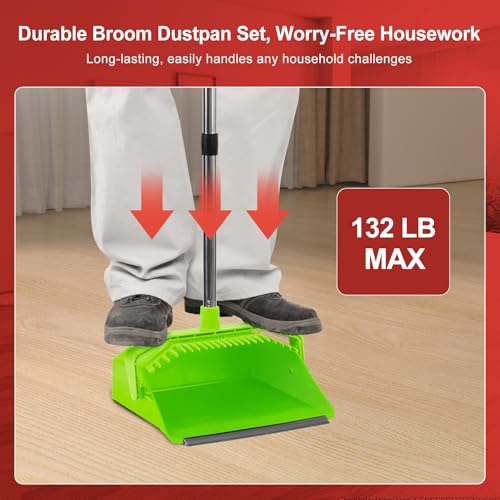Tiumso Upgrade Broom with Dustpan Combo Set, Broom and Dustpan Set with 51'' Long Handle, Large Upright Brooms and Dust Pans, ZeroGap Lip, Self-Cleaning Teeth for Lobby and Restaurant - Light Green - color: Green