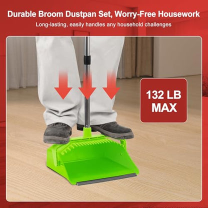 Tiumso Upgrade Broom with Dustpan Combo Set, Broom and Dustpan Set with 51'' Long Handle, Large Upright Brooms and Dust Pans, ZeroGap Lip, Self-Cleaning Teeth for Lobby and Restaurant - Light Green - color: Green