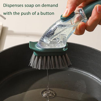 DAPOWER Soap Dispensing Dish Brush with Handle, Kitchen Scrub Brush for Dishes Pots Pans Sink Cleaning (Dark Green) - color: Dark Green