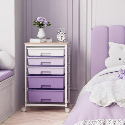SYKIARIOL Utility Cart with 5 Drawers,Storage Drawer Cart with Wooden Tabletop and Lockable Wheels,Craft Storage Trolley Cart,5-Tier Rolling Utility Cart on Wheels,Purple - color: Purple