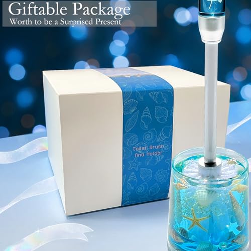 FONMY Toilet Brush and Holder Acrylic with Nature Seashell,Compact Size Toilet Bowl Brush with Plastic Handle Easy to Hide, Drip-Proof,Space Saving for Storage,Easy to Assemble,Deep Cleaning, (Blue)