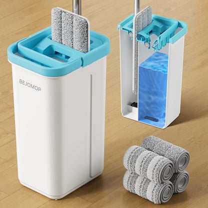 Mop and Bucket Set, 60" Long Handle Mops for Floor Cleaning, Squeeze Flat Mop and Bucket System, Dry & Wet Wall Mop Cleaner for Household Cleaning with 4 Microfiber Mops, Turquoise-Cyan - size: Mop System (Cyan) - 60" Handle - 4 Total Pads