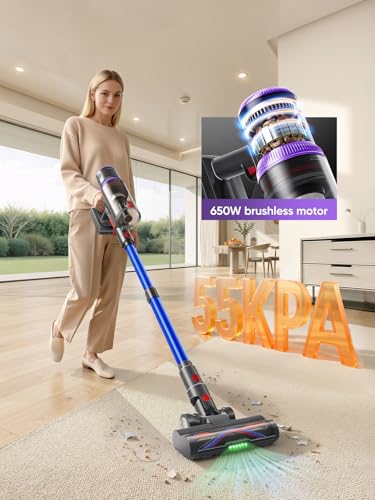 SMOTURE Cordless Vacuum Cleaner, Upgraded 650W 55KPA 70Min Vacuum Cleaner for Home, Pet Brush&3.3Ft Hose, Self-Stand, Auto Mode,Touchscreen, Anti-Tangle Vacuum, Stick Vacuum for Pet Hair/Carpet/Floor