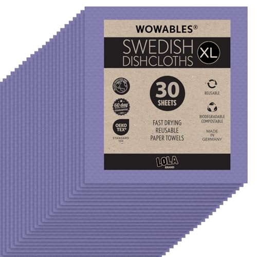 Swedish Dishcloths for Kitchen XL, 30 Sheet Roll, Biodegradable & Compostable, Reusable Paper Towel Cleaning Cloths, 11" x 10", No Odor, Washing Dishes, Ultra Absorbent Cellulose Sponge Towel, By LOLA - color: Wild Violet, size: 30 Sheets