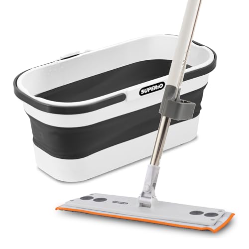 Superio Fold N' Go 10L Collapsible Mop Bucket with Wheels & Self-Wringing Microfiber Flat Mop - Portable, Hands-Free Cleaning Set for Home, Car, Kitchen, Bathroom, Hardwood & Tile Floors - color: 2 Pack, size: Cleaning Mop with Mop Bucket
