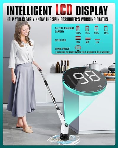 Electric Spin Scrubber, 2024 Upgrade Cordless Shower Scrubber with Power Display Screen Extension Handle, 8 Brush Heads 3 Adjustable Speeds 420 RPM, Power Cleaning Brush for Bathroom Tub Grout Bathtub