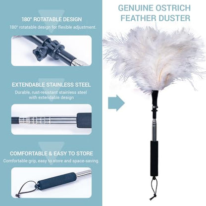 Extendable Feather Duster 22–47 Inch, Long Handle Ceiling Fan Duster for High Ceilings, Cobweb Duster, Natural Ostrich Feather Cleaner for Furniture & Blinds(White) - color: White