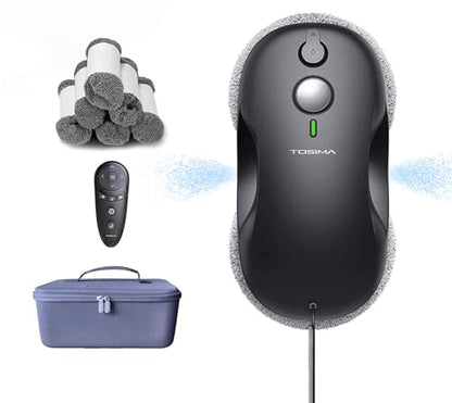 Tosima W3 Window Cleaning Robot - Dual Direction Auto-Spray Smart Window Cleaner with Triple Safety System, Smart Navigation, Remote Control, for All Smooth Surfaces, with 12 Rags, Black - color: Off-black