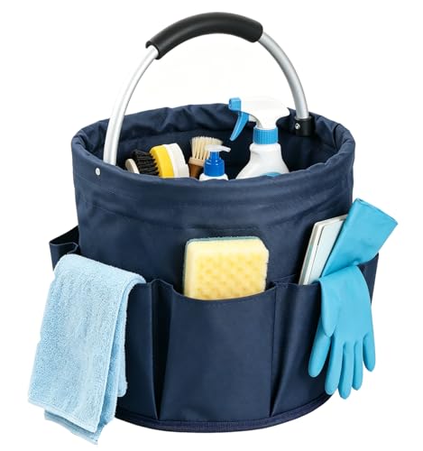 17L Cleaning Caddy with Handle, Portable Shower Caddy in 600D Oxford Fabric, Bucket Tool Organizer with 6 Side Pockets, Collapsible Storage Basket for Cleaning, Camping, Navy Blue - color: Navy Blue, size: 1PCS