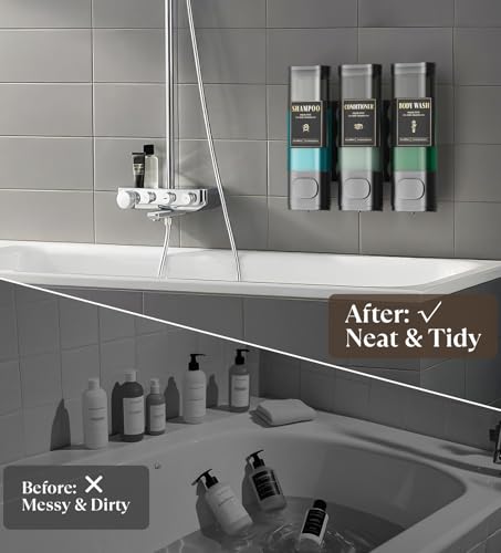 Luxspire Shampoo and Conditioner Dispenser, No Drill Wall Mounted Shower Soap Dispenser 3 Chamber with Waterproof Labels, Easy Refill Soap Dispenser for Bathroom Hotel Kitchen, Gray - color: Gray, size: 3 Chamber