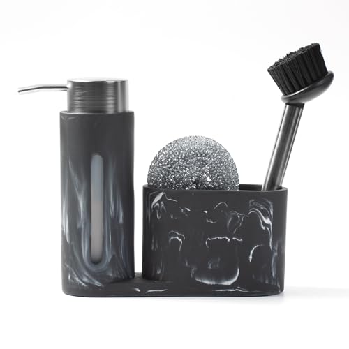 Kitchen Soap Dispenser Set 3 in 1, Dish Soap Dispenser with Sponge Holder, Dish Brush & Brush Holder, Kitchen Sink Caddy Organizer for Countertop, Rustproof（Black） - color: Black