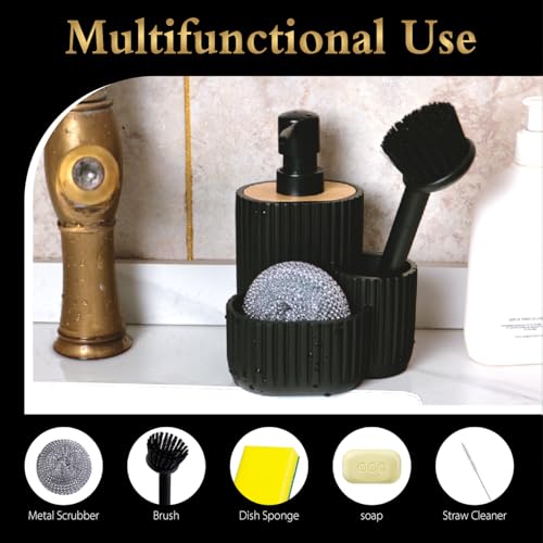 Multifunctional Soap Dispenser, Sponge Holder & Brush Holder – Scrub Daddy Soap Dispenser, 3 in 1 Liquid Hand Dish Soap Dispenser Sink Caddy Organizer for Kitchen Bathroom Countertop black