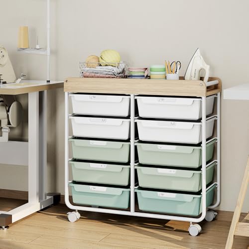 10 Drawers Rolling Cart with Wooden Tabletop, Utility Storage Cart with Wheels, Art Supply Craft Organizer on Wheel with Metal Frame & Handles for Home Office School,Green - color: Green