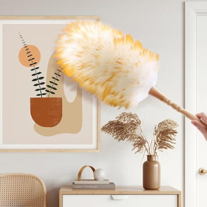 Lambswool Duster with Solid Wooden Handle,Leather Hang Strap,Comfortable Grips 19.6 inch Long Natural Feathers Dusters for Cleaning Wall Plant Desk Blind Cleaner Duster Tool - size: 19.6inch