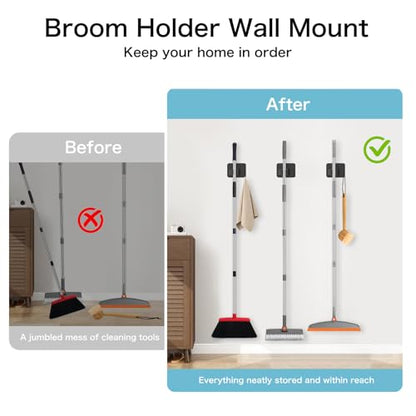 nacena 4 Pack No Drill Self Adhesive Broom Mop Holder Wall Mount with Hooks, Heavy Duty Stainless Steel Organizer for Kitchen Bathroom Garage Storage, Black - color: Matte Black-4 Packs