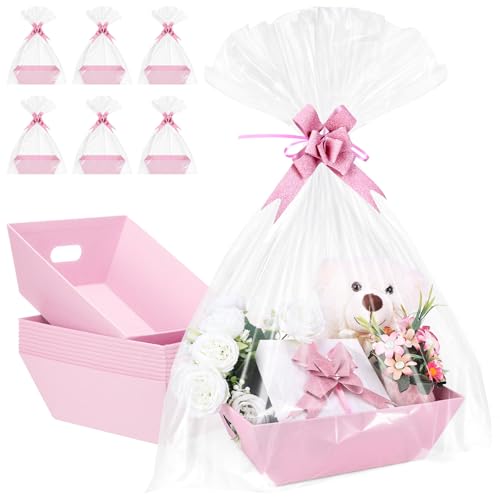 AFOROEOA 10PACK Pink Baskets For Gifts Empty, 10x12” Thick Gift Basket with 10 Bows 10 Bags Empty Gift Baskets for Christmas, Valentine’s Day, Easter, Birthdays, Valentine’s Day Wrapping Gift - color: 10 Pink