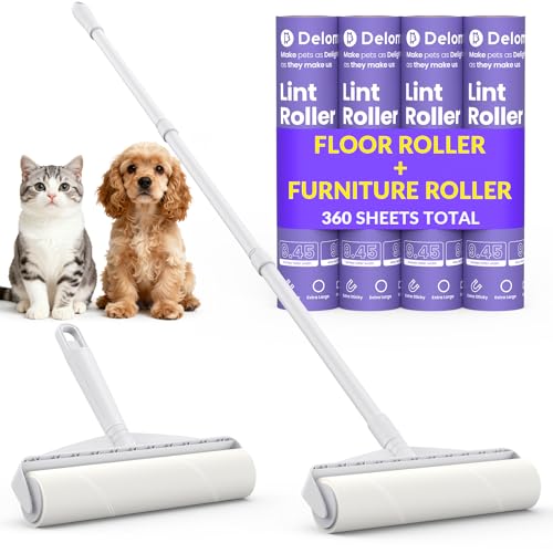 Two Large Lint Roller Set for Pet Hair: DELOMO 9.45” Extra-Wide Sticky Rollers - Long Handle for Floors & Carpets and Short Handle for Couches & Furniture - 360 Sheets Total - for Multi-Pet Homes