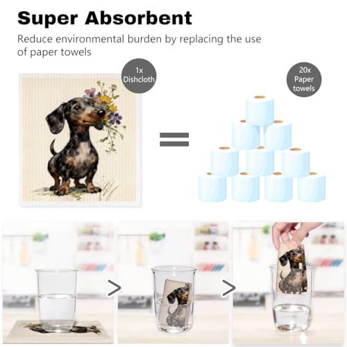 5 Pcs Cute Dachshund & Flower Swedish Dishcloths, Puppy Themed Swedish Dishcloth, Artistic Dish Cloths for Drying Dishes, Reusable Cleaning Cloths, Housewarming Gifts for Women - color: Lm 04242