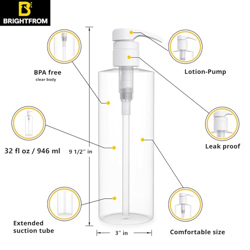 BRIGHTFROM Empty Shampoo Pump Bottle, 32 OZ / 1 Liter, BPA-Free Cylinder Container, Household & Commercial Use - Leak Proof