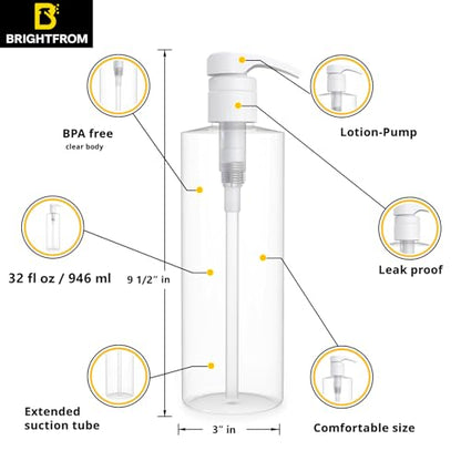 BRIGHTFROM Empty Shampoo Pump Bottle, 32 OZ / 1 Liter, BPA-Free Cylinder Container, Household & Commercial Use - Leak Proof