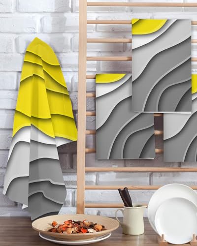 Geometric Hand Towels Set,Waffle Weave Kitchen Towels 2 Pieces,Microfiber Hair Face Bath Tea Towel Absorbent Quick Drying Cleaning Dish Cloths,Modern Ombre Yellow Grey Abstract Art White 15.7"x23.6" - color: Yellow, size: 2PCS,15.7"x23.6"