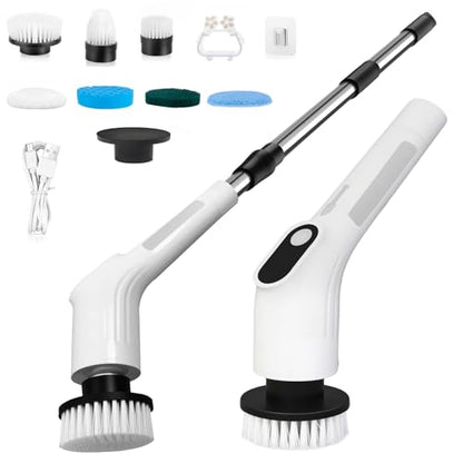 Electric Spin Scrubber, Waterproof Cordless Shower Cleaning Brush with Replaceable Brush Heads and Adjustable Extension Handle 2 Speeds for Bathtub Kitchen Wall Cleaning