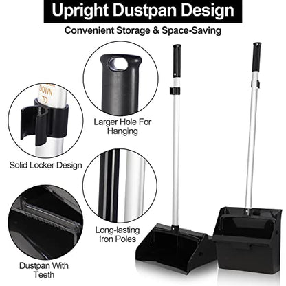 Mumufy 5 Set Lobby Dustpan with Broom Set Lobby Upright Dust Pan and Broom with Long Handle Heavy Duty Commercial Dustpan Combo for Restaurants Kitchen Office Home