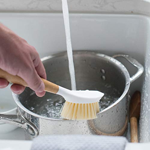 Full Circle Daily Dish Brush-Bamboo Handle Dish Brush–Sustainable Kitchen Cleaning with Tough Bristles-Natural Dish Scrubber,Nonstick & Cast Iron Cleaner-Long Handle Brush for Dishes,Pots,and Pans - color: White