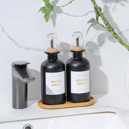 11.8OZ Glass Mouthwash Dispenser for Bathroom with Stainless Steel & Bamboo Nozzle, Mouthwash Cup Reusable, Bamboo Tray, and Elegant Gold Sticker.Set of 2（Black - color: Black/350*2