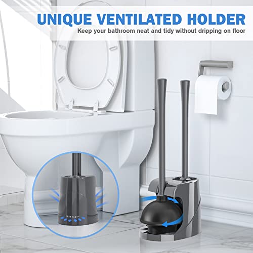 Toilet Plunger and Brush, Bowl Brush and Heavy Duty Toilet Plunger Set with Ventilated Holder, 2-in-1 Bathroom Cleaning Combo with Modern Caddy Stand for 5.7-inch Toilet Drain(Grey, 2 Set) - color: Gray