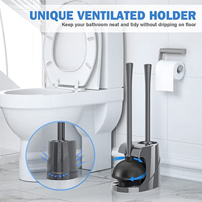 Toilet Plunger and Brush, Bowl Brush and Heavy Duty Toilet Plunger Set with Ventilated Holder, 2-in-1 Bathroom Cleaning Combo with Modern Caddy Stand for 5.7-inch Toilet Drain(Grey, 2 Set) - color: Gray