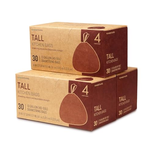 NINESTARS 13 Gallon Extra Thick Drawstring Trash Bags, Heavy Duty Leak-Proof White Plastic Garbage Bags for Kitchen, Bathroom, or Office, 90 Count - size: 13 Gallon 90 ct