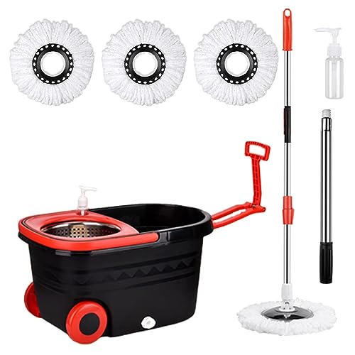 Mop Bucket Set with Wringer, Swivel Stainless Steel Mop Bucket with Wheels, 3 Microfiber Replacement Mop Heads, Stainless Steel Telescopic Handle Floor Mop, Wash Bottle - color: Black-2
