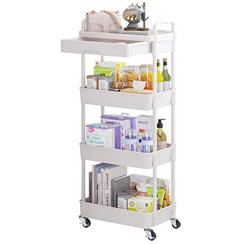 Calmootey 4-Tier Rolling Utility Cart with Drawer,Multifunctional Storage Organizer with Plastic Shelf & Metal Wheel,Storage Cart for Kitchen,Bathroom,Living Room,Office,White - color: White, size: 4-Tier
